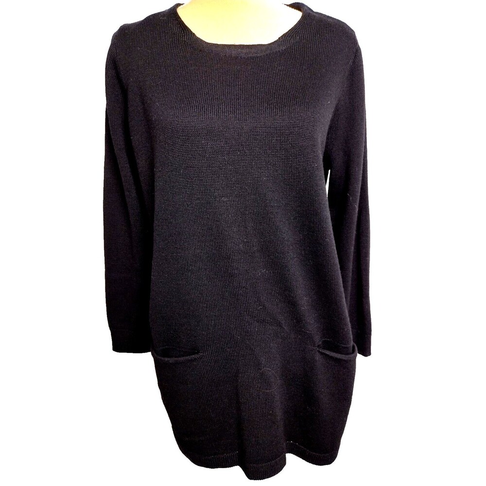 J Crew Women's Merino Wool Black Sheath Dress Size L Two Front Pockets